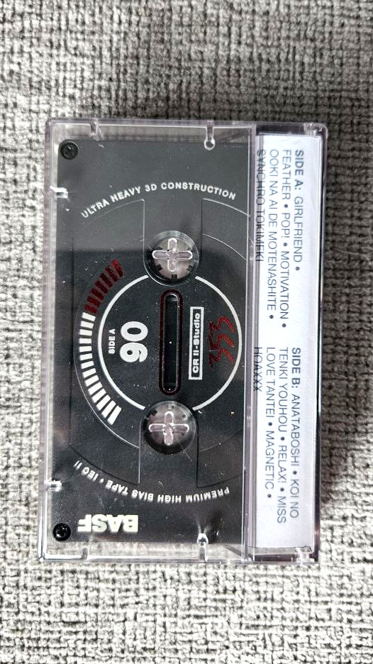my physical recorded tape for the above playlist in a case with a custom j-card, but taken from the back of the case, and the case is clear so the cassette tape inside is visible