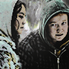 composited icon of two shots of teenage lottie and van from yellowjackets edited together so that van looks at a lottie who is in profile. the image is pale and the background is of snow