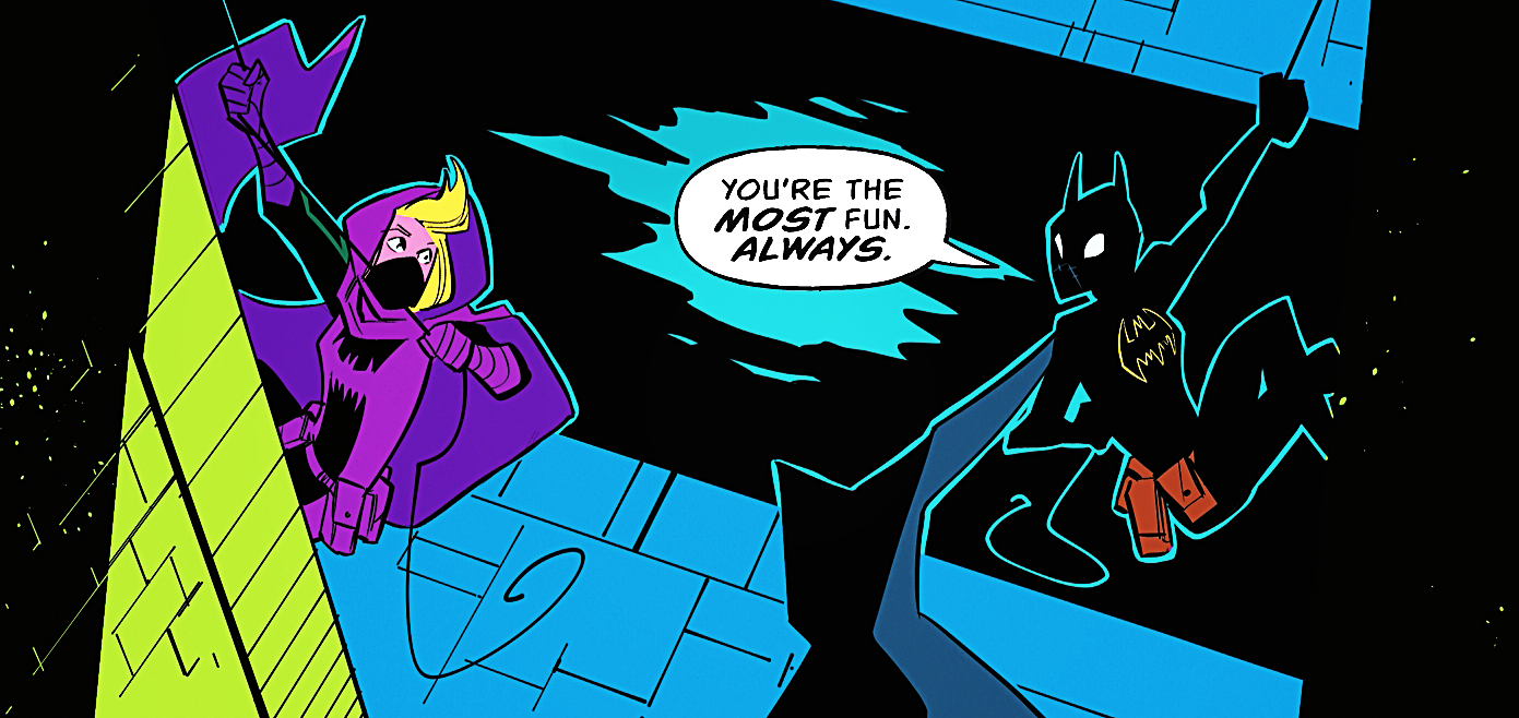stephanie brown and cassandra cain as batgirls climbing a building, cass says to steph 'you're the most fun. always'. the image is highly saturated and the art style is cartoon inspired