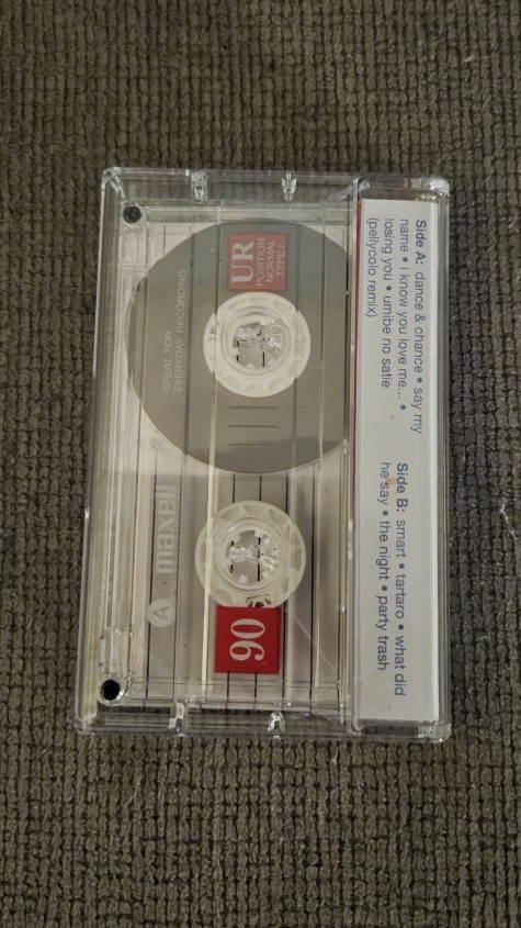 my physical recorded tape for the above playlist in a case with a custom j-card, but taken from the back of the case, and the case is clear so the cassette tape inside is visible
