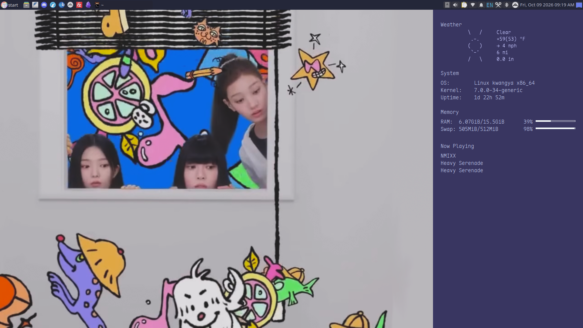 linux desktop screenshot from october 09 2026 (changed to this on september 25). it's mostly the same layout as before except that the sidebar is a solid deep purple, with all the same info widgets, and the wallpaper is from a TUIDE teaser video of a few members peaking out a window with cartoon characters and animations floating around all cute