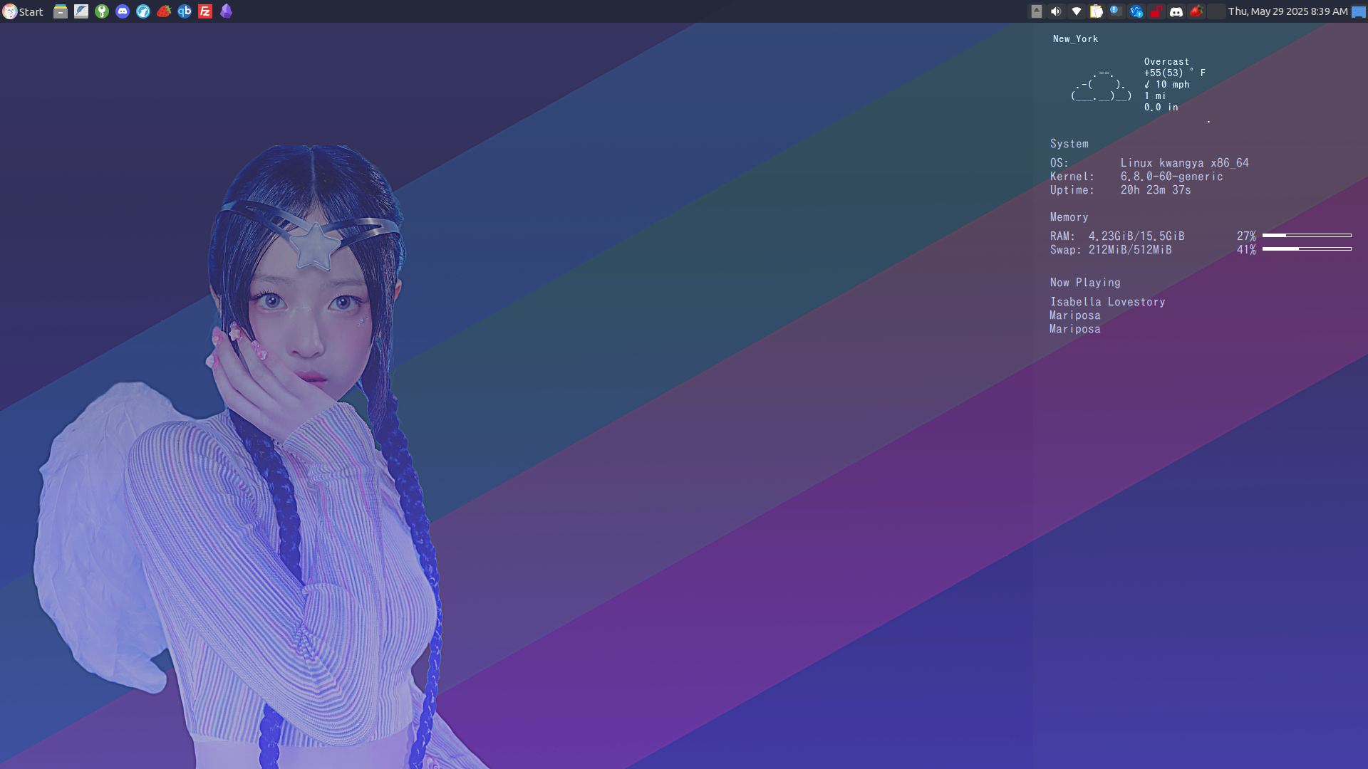 linux desktop screenshot from may 29 2025. the taskbar is on top with no open windows, some application icons to the left, and tray icons and the date & time to the right. the wallpaper is an edit of hanni from newjeans wearing a cute angel and star themed outfit and doing a cute pose, over a purple catppuccin-style gradient background with a flat pastel rainbow diagonally positioned behind hanni. there's also a conky widget sidebar fixed to the right with data like the weather, machine statistics, and the currently playing song according to my last.fm