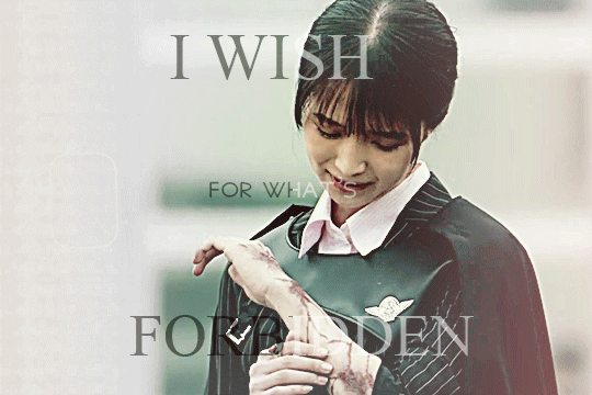 GIF of harima shiori in kamen rider gotchard raising her head from looking down at her rotting arm, then smiling. the GIF is pale with light faded reddish pink highlights and a similarly colored animated light leak overlaid on the canvas. there is centered text that reads 'i wish for what's forbidden'