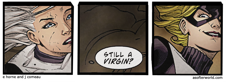 an edit in the comic strip format for 'a softer world', featuring two panels from deathstroke 2016. in the first panel, rose wilson stares up in shock. the second panel shows smoke and debris, with a comic bubble near the bottom that asks rose 'still a virgin?' and the final panel features a grinning tara markov who looks back at rose