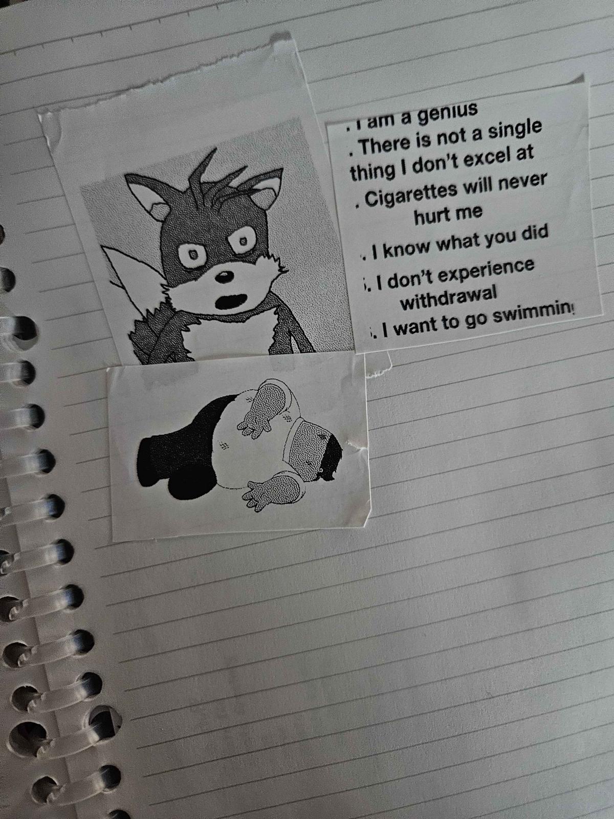 an open notebook with three printed black and white images stuck onto it with the adhesive backing: peter griffin doing the family guy death pose, the panel of tails getting trolled, and a text list that says 'i am a genius, there is not a single thing i don't excel at, cigarettes will never hurt me, i know what you did, i don't experience withdrawal, i want to go swimming'