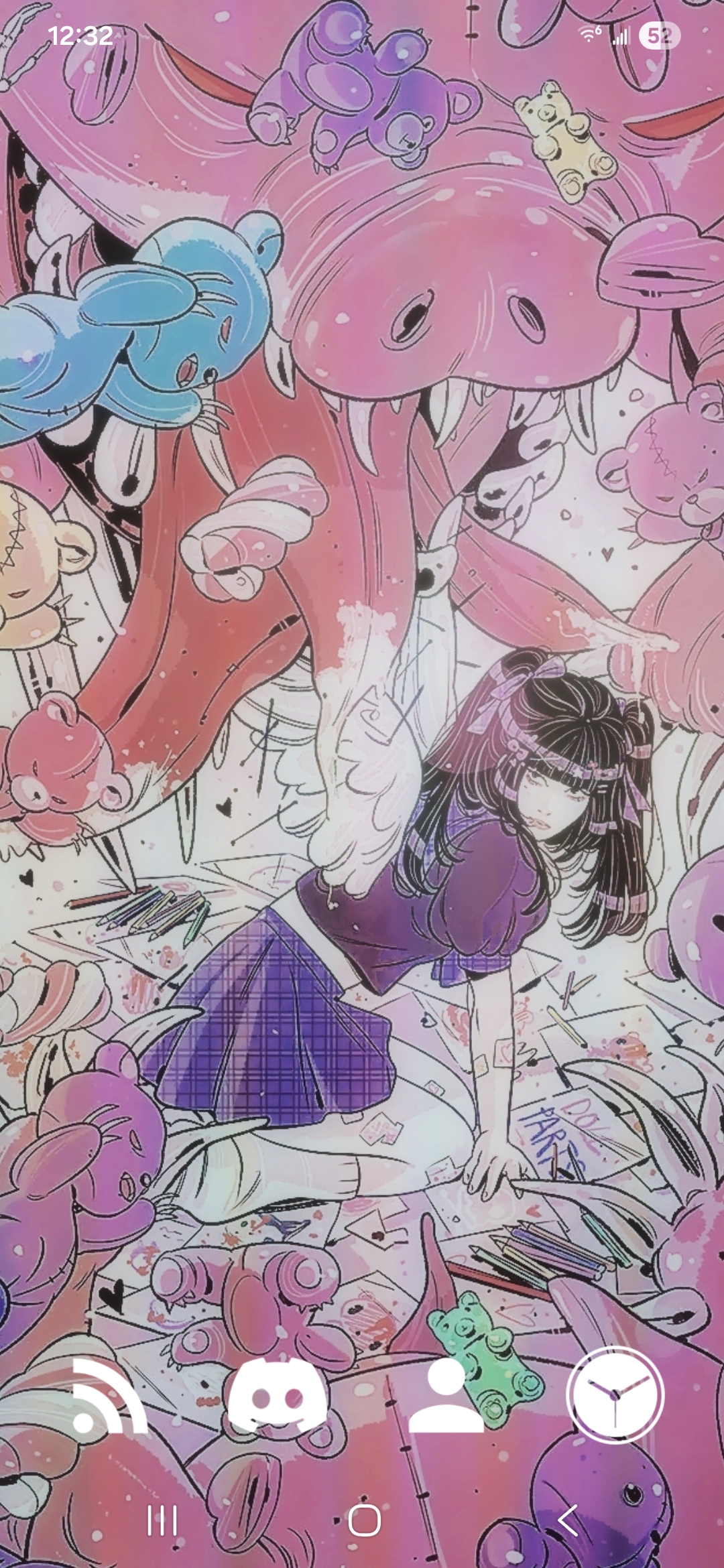 android home screen shot from july 18 2025, with artwork by luana vecchio of madeline for and from her comic 'doll parts' that's been slightly edited to be kinda dreamlike and hazy. there's the same four app launcher icons at the bottom like in the last home screen