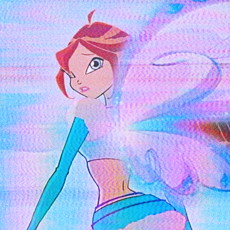 winx club screen shot of bloom in her lovix form flying and looking over her shoulder nervously. the image is highly edited with CRT TV scan lines and noise over it, and is low contrast with magenta/violet tones all over
