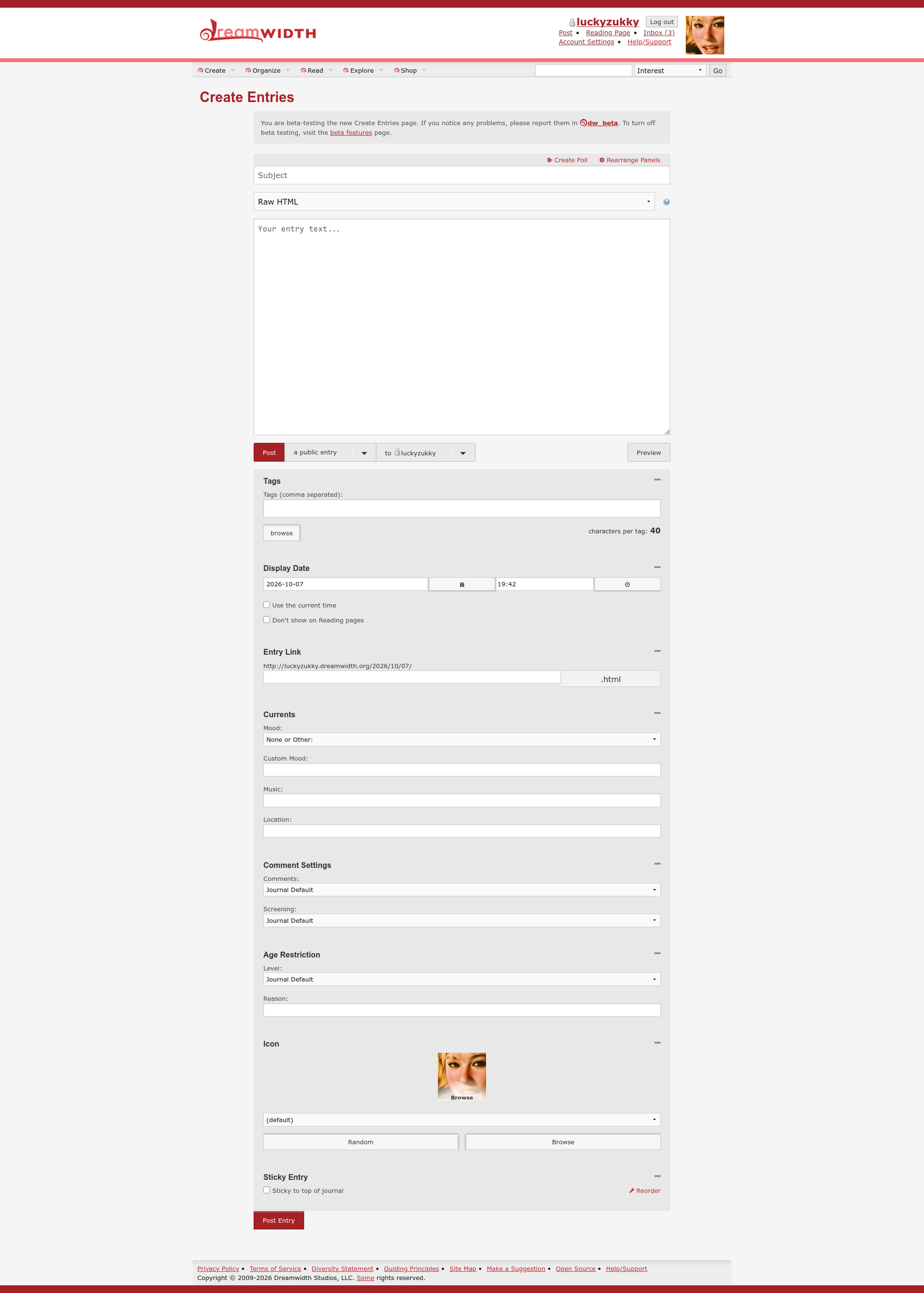 full page screenshot of the new dreamwidth create entries page. it's been slightly restyled to be less wide and more narrow, and to collapse the new metadata panels into one long column.